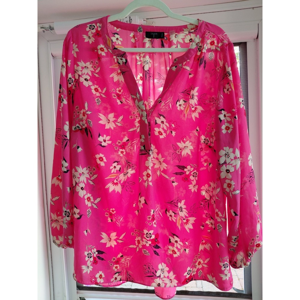 Tahari Blouse Women's 1X Pink V-Neck 3/4 Sleeve Lightweight Colorful Top EUC!